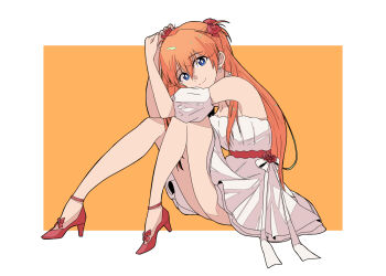 Rule 34 | 1girl, armband, armpits, bare shoulders, blue eyes, breasts, cleavage, commentary request, dress, flower, hair ribbon, hands on own head, high heels, highres, long hair, looking at viewer, neon genesis evangelion, orange background, orange hair, red flower, red ribbon, red rose, red shoes, ribbon, rose, sashimi (sasihmi), shoes, simple background, smile, solo, souryuu asuka langley, white dress, white ribbon