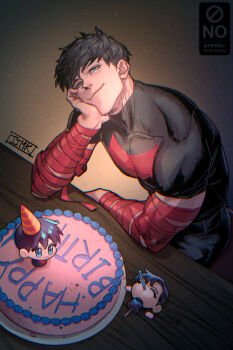1boy bat_signal batman batman_(series) batman_symbol birthday_cake black_hair blue_eyes cake cameo dc_comics food highres jason_todd jjmk-jjmk male_focus muscular muscular_male nightwing red_hood_(dc) red_hood_and_the_outlaws shirt short_hair superhero_costume t-shirt
