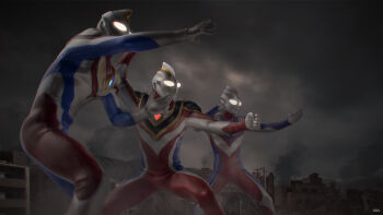 Rule 34 | 295609159hhj, 3boys, absurdres, alien, arm up, armor, blue skin, breastplate, city, cityscape, clenched hand, cloud, color timer, colored skin, commentary, compound eyes, crystal, dark cloud, dorsal fin, feet out of frame, fighting stance, figure (medium), forehead jewel, giant, giant male, glowing, glowing eyes, gold trim, hands up, highres, hunched over, in-franchise crossover, legs apart, looking ahead, male focus, multicolored skin, multiple boys, muscular, muscular male, no pupils, open hands, outdoors, outstretched arm, overcast, pectorals, photo (medium), photoshop (medium), red skin, rubble, ruins, shoulder armor, side-by-side, silver skin, sky, smoke, smoke trail, standing, tokusatsu, toned, toned male, ultra series, ultraman dyna, ultraman dyna (flash type), ultraman dyna (series), ultraman gaia, ultraman gaia (series), ultraman gaia (supreme version), ultraman tiga, ultraman tiga (multi type), ultraman tiga (series), ultraman tiga ultraman dyna &amp; ultraman gaia: cho jiku no dai kessen, white eyes, wrinkled skin