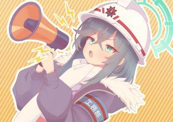 Rule 34 | 1girl, absurdres, armband, blue archive, blue armband, blue eyes, blue hair, commentary request, crossed bangs, fur-trimmed jacket, fur trim, hair between eyes, halo, hard hat, hat, helmet, highres, holding, holding megaphone, jacket, ks aya (gztm4838), lightning bolt symbol, long hair, long sleeves, megaphone, minori (blue archive), open mouth, outline, purple jacket, scarf, sidelocks, solo, two-handed, upper body, v-shaped eyebrows, white hat, white outline, white scarf, yellow background