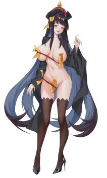 1girl :d absurdres black_hair black_shoes black_sleeves black_thighhighs breasts fingernails gluteal_fold hair_over_shoulder hat head_tilt high_heels highres horegi huge_breasts jiangshi large_breasts legs long_bangs long_fingernails long_hair long_sleeves maebari navel nude ofuda ofuda_on_clothes ofuda_on_nipples ofuda_on_pussy open_mouth original over-kneehighs pantyhose pasties red_eyes sagging_breasts shoes shrug_(clothing) simple_background smile solo stiletto_heels teeth thighhighs upper_teeth_only very_long_hair white_background wide_sleeves