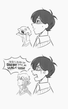 Rule 34 | 2boys, anger vein, antenna hair, basil (faraway) (omori), basil (omori), blush, choccymilk303, closed mouth, collared shirt, commentary, crying, crying with eyes open, english commentary, english text, flower, greyscale, hair flower, hair ornament, highres, i'm not calling you "good boy" (meme), looking at another, male focus, meme, monochrome, multiple boys, omori, open mouth, shirt, short hair, sidelocks, smile, speech bubble, spoilers, sunny (omori), sweater vest, tears