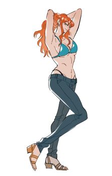 1girl adjusting_hair armpits arms_up bad_tag belt bikini bikini_top_only blue_bikini blue_pants breasts closed_mouth collarbone commentary denim earrings from_side full_body hands_in_own_hair high_heel_sandals highleg highleg_bikini highres jeans jewelry long_hair looking_at_viewer mcbuckwheat medium_breasts nami_(one_piece) navel one_piece orange_eyes orange_hair pants sandals sidelocks smile smug solo standing stomach swimsuit symbol-only_commentary wavy_hair white_background