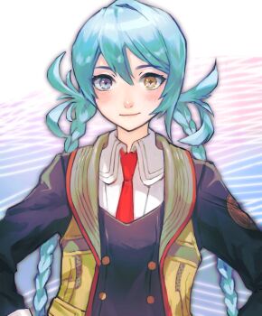 1girl ai_the_somnium_files ai_the_somnium_files:_nirvana_initiative artificial_eye black_jacket blue_eyes blue_hair braid closed_mouth heterochromia highres jacket looking_at_viewer necktie nekomosu okiura_mizuki red_necktie smile solo twin_braids upper_body vest yellow_eyes yellow_vest