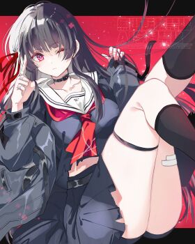 1girl absurdres black_choker black_hair black_jacket black_serafuku black_shirt black_skirt black_socks breasts chisa_(wuthering_waves) choker closed_mouth collarbone commentary hair_ribbon hands_up highres jacket long_hair long_sleeves looking_at_viewer medium_breasts neckerchief one_eye_closed red_eyes red_neckerchief red_ribbon ribbon sailor_collar school_uniform serafuku shirt skirt socks solo thighs white_sailor_collar wuthering_waves yuyuhi_gm