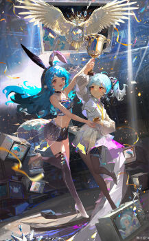 2girls ahoge animal_ear_hairband animal_ears bare_arms bare_shoulders belt belt_buckle belt_collar bili_girl_22 bili_girl_33 bilibili black_belt black_hairband black_shorts black_skirt black_thighhighs blue_belt blue_hair blue_shirt buckle capelet cat_ear_hairband cat_ears chinese_commentary collar collared_capelet commentary_request confetti copyright_notice crop_top dress fake_animal_ears floating_clothes floating_hair floppy_ears full_body grey_pantyhose hairband high_collar high_heels highres holding holding_trophy jacket light_particles long_hair long_sleeves looking_ahead looking_at_object medal miniskirt multiple_belts multiple_girls navel outstretched_hand pantyhose pleated_skirt puffy_long_sleeves puffy_sleeves purple_hairband rabbit_ear_hairband rabbit_ears red_eyes see-through_clothes see-through_jacket sharing shirt short_dress short_twintails shorts shorts_under_skirt skirt sleeveless sleeveless_jacket stadium stage_lights stiletto_heels stomach streamers television thigh_belt thigh_strap thighhighs trophy twintails very_long_hair white_capelet white_dress white_footwear white_jacket wu_xiao_xian