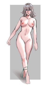 1girl breasts grey_eyes grey_hair medium_breasts medium_hair midriff navel nier nier_(series) nipples simple_background sketch solo sunbeam_(artist) yonah