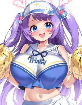 1girl blue_archive blue_eyes blush dress english_text hair_ribbon halo hanae_(blue_archive) hanae_(cheer_squad)_(blue_archive) heart heart_tattoo large_areolae looking_at_viewer miniskirt moredetale navel pom_pom_(cheerleading) purple_dress ribbon simple_background skirt solo tattoo twintails twitter upper_body white_background