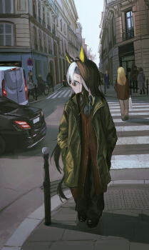 4boys 4girls animal_ears black_pants black_shoes blonde_hair blue_jacket blue_pants blue_shirt blue_suit brown_cardigan brown_hair brown_jacket car cardigan city closed_mouth coat colored_inner_animal_ears crosswalk dream_journey_(umamusume) faceless faceless_female formal_clothes glasses green_coat hands_in_pockets highres holding holding_suitcase horse_ears horse_girl horse_tail jacket looking_to_the_side motor_vehicle multicolored_hair multiple_boys multiple_girls necktie pants red_necktie seikatsu shirt shoes suit suitcase tail two-tone_hair umamusume white_hair white_jacket white_pants