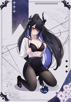 Rule 34 | 1girl, asymmetrical bangs, asymmetrical horns, black bra, black hair, black panties, black pantyhose, black shoes, blue hair, blunt bangs, blush, border, bra, breasts, cleavage, collarbone, colored inner hair, commentary, demon horns, floral background, flower, formal clothes, full body, high heels, high ponytail, highres, hololive, hololive english, horn flower, horns, jailbird (nerissa ravencroft), jewelry, kneeling, lace, lace bra, lace panties, lapels, large breasts, lingerie, long hair, long sleeves, looking down, mole, mole under eye, mouth hold, multicolored hair, necklace, nerissa ravencroft, nerissa ravencroft (casual), noelther (artist), office lady, official alternate costume, official alternate hairstyle, ornate border, panties, panties over pantyhose, panty peek, pantyhose, pencil skirt, ponytail, red eyes, shirt, shirt tucked in, shoes, side slit, sidelocks, signature, skirt, skirt suit, slit pupils, solo, suit, unbuttoned, unbuttoned shirt, underwear, virtual youtuber, white shirt