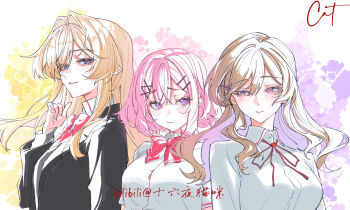 3girls absurdres amaori_renako black_jacket blonde_hair blue_eyes blush bow bowtie breasts brown_hair button_gap chinese_commentary closed_mouth collared_shirt colored_inner_hair commentary_request dress_shirt grey_sweater hair_intakes hair_ornament hairclip highres huaxue_maomi indoors jacket long_hair looking_at_viewer medium_breasts multicolored_hair multiple_girls neck_ribbon ouzuka_mai parallel_hairclips parted_lips pink_hair purple_eyes red_bow red_bowtie red_ribbon ribbon sena_ajisai shirt short_hair short_sleeves sweater upper_body watashi_ga_koibito_ni_nareru_wake_naijan_murimuri! white_shirt