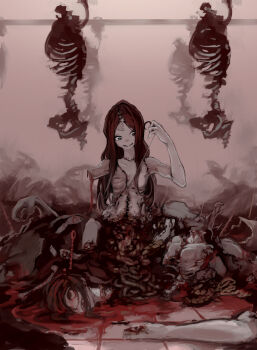 129adam blood bone corpse death disembowelment floor guro highres intestines amputee organs original red_eyes red_hair skeleton stitches