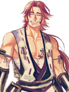 10s 1boy ^_^ bad_id bad_pixiv_id closed_eyes closed_eyes grin icym japanese_clothes long_sideburns male_focus pom_pom_(clothes) ponytail red_hair sarashi siddham smile solo tattoo tonbokiri_(touken_ranbu) touken_ranbu