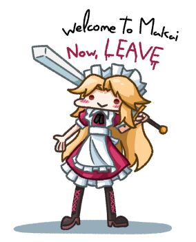 Rule 34 | 1girl, apron, black boots, black ribbon, blonde hair, boots, chibi, dress, english text, frilled dress, frills, holding, holding sword, holding weapon, javjy6, knee boots, long hair, maid, maid apron, maid headdress, no nose, red dress, red eyes, ribbon, short sleeves, solid circle eyes, sword, touhou, touhou (pc-98), weapon, yumeko (touhou)