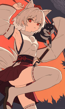 1girl animal_ears armpits breasts commentary detached_sleeves dog geta hat highres hjxbd inubashiri_momiji leaf looking_at_viewer looking_to_the_side maple_leaf open_mouth pom_pom_(clothes) red_eyes red_hat red_skirt shiba_inu sideboob skirt sword tail tengu-geta thighhighs tokin_hat touhou untranslatable_commentary weapon white_hair white_thighhighs wolf_ears wolf_girl wolf_tail
