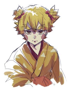 1boy agatsuma_zenitsu artist_name blonde_hair blush_stickers bow brown_eyes closed_mouth colored_tips cropped_torso crossdressing crossdressing_(mtf) double-parted_bangs forked_eyebrows hair_bow japanese_clothes kimetsu_no_yaiba kimono kishimen_hair lipstick looking_at_viewer makeup male_focus multicolored_hair nervous_sweating obi orange_sash orange_streaks pursed_lips red_bow red_lips sash short_hair simple_background sketch solo straight-on sweat thick_eyebrows twitter_username two-tone_hair two_side_up v-shaped_eyebrows very_short_hair white_background yellow_kimono zzzda_28