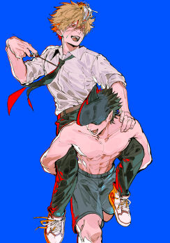 beam_(chainsaw_man) black_pants blue_background carrying chainsaw chainsaw_man collared_shirt commentary_request denji_(chainsaw_man) highres ikaooi1 necktie pants pull_cord shark_boy shark_head sharp_teeth shirt shoes short_hair shorts sleeves_rolled_up teeth topless_male white_shirt white_shoes