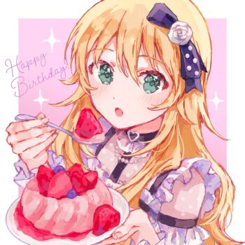 1girl 3kio2giri :o black_choker blonde_hair border bow cake choker commentary detached_sleeves english_text food frilled_shirt frills fruit green_eyes hair_bow happy_birthday highres holding holding_food holding_plate holding_spoon hoshii_miki idolmaster idolmaster_(classic) jewelry long_hair looking_at_viewer necklace pearl_necklace pink_background plate polka_dot see-through_clothes shirt solo solo_focus sparkle spoon strawberry strawberry_cake white_border