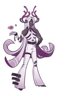 Rule 34 | arm markings, bandaged hand, bandages, belt, body markings, chain, chain around arm, chain around neck, colored skin, commentary request, cookie run, cookie run: kingdom, gradient hair, grey skin, hair over one eye, highres, horns, long hair, luohe2001, multicolored hair, one eye covered, pants, pink eyes, shirt, sleeveless, sleeveless shirt, solo, torn clothes, torn pants, venom dough cookie, white background, white hair, white pants, white shirt