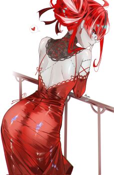 1girl ahoge alternate_costume arm_rest artist_name ass back black_streaks blue_eyes blush closed_mouth commentary cowboy_shot detached_collar detached_sleeves dress dress_straps earrings english_commentary floral_print_collar from_behind hair_bun hair_ribbon heart highres hololive hololive_indonesia index_finger_raised jewelry kureiji_ollie lace lace-trimmed_collar lace-trimmed_dress lace_trim leaning_forward long_sleeves looking_at_viewer looking_back median_furrow multicolored_hair pink_streaks railing red_dress red_hair red_ribbon red_sleeves ribbon sanya_(sanya_lox228) shoulder_blades sidelocks simple_background solo spoken_heart standing stitches streaked_hair virtual_youtuber white_background