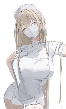 1girl absurdres arm_out_of_frame blonde_hair breasts facing_viewer hat highres laneigu large_breasts long_hair looking_at_viewer mask mouth_mask narrowed_eyes nurse nurse_cap original out_of_frame puffy_short_sleeves puffy_sleeves raised_eyebrows short_shorts short_sleeves shorts sidelocks simple_background sketch solo standing thighhighs very_long_hair white_background white_mask white_shorts white_thighhighs yellow_eyes yuzu_(laneigu)
