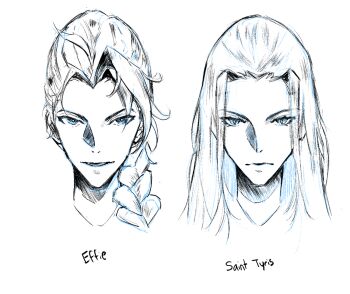 Rule 34 | 2girls, braid, character name, commentary, curtained hair, effie (shadow slave), ellieaedon, english commentary, hatching (texture), highres, long hair, multiple girls, narrowed eyes, portrait, serious, shadow slave, smirk, tyris (shadow slave)