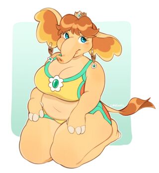1girl animal_ears artist_name blue_eyes breasts brown_hair cleavage crown earrings elephant_daisy elephant_ears elephant_girl elephant_tail flower_earrings full_body furry furry_female hand_on_own_hip highres jewelry kneeling looking_at_viewer mario_(series) mario_kart mario_kart_world milkchaotea navel nintendo official_alternate_costume princess_daisy princess_daisy_(swimwear)_(mario_kart_world) shorts solo sports_bra super_mario_bros._wonder yellow_shorts yellow_sports_bra