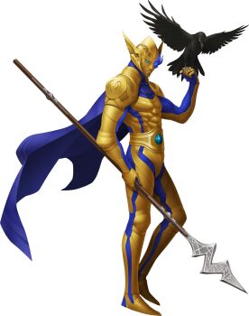 1boy animal armor bird bird_on_hand blue_eyes cape crow demon_(megami_tensei) doi_masayuki extra_eyes highres holding holding_polearm holding_weapon male_focus odin_(megami_tensei) official_art polearm shin_megami_tensei shin_megami_tensei_iv shin_megami_tensei_iv_final solo spear spread_wings standing third-party_source transparent_background weapon