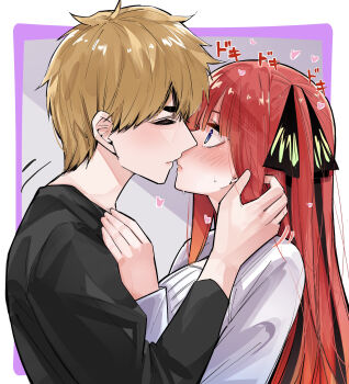 1boy 1girl absurdres black_hair black_ribbon black_shirt blonde_hair blue_eyes blush breasts butterfly_hair_ornament closed_eyes commentary_request go-toubun_no_hanayome hair_ornament hair_ribbon hair_visible_through_wig hand_in_another&#039;s_hair hand_up heart highres imminent_kiss large_breasts long_hair long_sleeves male_focus mame1645 motion_lines nakano_nino pink_hair profile ribbon saliva shirt translated uesugi_fuutarou upper_body white_shirt wig