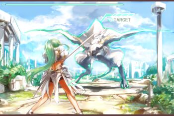 1girl commentary_request feet_out_of_frame from_behind green_hair monster original ponytail sachito sumi-chan_(sachito) target_lock user_interface yellow_eyes