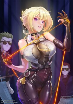 Rule 34 | 1girl, 2boys, absurdres, anarchyart, bare shoulders, belt, black gloves, blonde hair, blush, bodysuit, breasts, choker, earrings, elbow gloves, evelyn chevalier, gloves, grin, highres, jewelry, large breasts, looking at viewer, mole, mole under eye, multiple boys, paid reward available, pointy ears, purple eyes, short hair, smile, solo focus, sunglasses, variant set, zenless zone zero