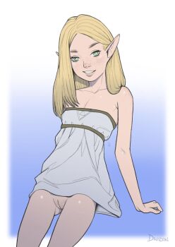 1girl aged_down arm_support blonde_hair blue_background cleft_of_venus clothes_lift collarbone dress dress_lift druidon elf feet_out_of_frame female_focus freckles gradient_background green_eyes grin leaning_back lips loli long_hair long_pointy_ears nintendo nose pointy_ears princess_zelda pussy simple_background sitting smile solo strapless strapless_dress teeth the_legend_of_zelda the_legend_of_zelda:_breath_of_the_wild two-tone_background uncensored white_background white_dress