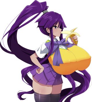 absurdres banana black_thighhighs breasts eiken food fruit gigantic_breasts highres long_hair misono_kirika nashirasauce purple_eyes purple_hair purple_skirt skirt sweater_vest thighhighs very_long_hair yellow_sweater_vest zashono_academy_school_uniform