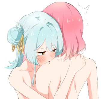 2girls amaori_renako biting_shoulder blood_on_shoulder blue_hair blush commentary_request hair_bun hair_ribbon hand_on_another&#039;s_shoulder highres koyanagi_kaho medium_hair multiple_girls nude nuooooodoomo pink_hair ribbon simple_background single_side_bun watashi_ga_koibito_ni_nareru_wake_naijan_murimuri! white_background yellow_eyes yellow_ribbon yuri