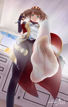 1girl absurdres ayachimikami azur_lane brown_hair cameltoe feet food fruit glass green_eyes highres juice long_hair looking_at_viewer open_mouth orange_(fruit) orange_juice panties pantyshot see-through_clothes see-through_legwear soles toes twintails underwear york_(azur_lane)