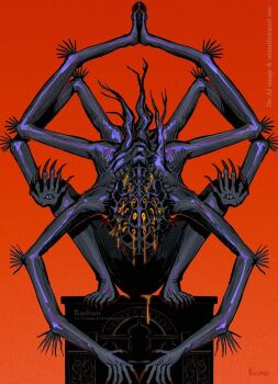 Rule 34 | 1other, amygdala (bloodborne), arms up, bloodborne, colored skin, eldritch abomination, extra arms, extra digits, extra eyes, grey skin, highres, monster, no humans, rashuu, red background, signature, solo, squatting, too many arms, trypophobia