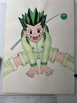 Rule 34 | 1boy, backpack, bag, black eyes, commentary request, gon freecss, green hair, green jacket, green shorts, highres, hunter x hunter, jacket, male focus, no sclera, open mouth, photo (medium), shorts, shounen jump, shueisha, smile, solo, togashi yoshihiro, traditional media, unfinished, weekly shounen jump