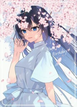 Rule 34 | 1girl, black hair, blue eyes, commentary, flower, hair ornament, hairclip, highres, long hair, looking at viewer, momoiro, open mouth, oumi shiori, petals, pink flower, pink petals, symbol-only commentary, watashi wo tabetai hitodenashi