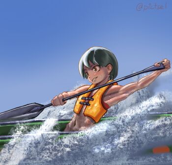 1girl abs absurdres armpits artist_name bare_shoulders bikini blue_sky blush boat breasts brown_eyes clear_sky commentary dark-skinned_female dark_skin dragon_boat dragon_boat_festival english_commentary eyelashes gradient_sky green_hair highres hip_bones holding holding_oar life_vest looking_afar looking_ahead midriff muscular muscular_female navel oar on_boat on_vehicle orange_vest original outdoors parted_lips pictsel red_bikini river rowing short_hair signature sky sleeveless small_breasts smile smirk solo splashing sweatdrop swimsuit tomboy twitter_username very_short_hair vest water watercraft