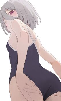 1girl ass blue_one-piece_swimsuit from_behind grey_hair hair_between_eyes highres hiroki_(yyqw7151) looking_at_viewer looking_back one-piece_swimsuit original purple_eyes school_swimsuit short_hair simple_background solo swimsuit white_background
