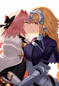 Rule 34 | 1boy, 1girl, astolfo (fate), blonde hair, blue eyes, bow, braid, braided ponytail, breasts, closed eyes, fate/grand order, fate (series), hair bow, jeanne d'arc (fate), kiss, large breasts, martyroforleans, pink hair, simple background, trap, trap on female