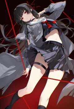 1girl absurdres ama_(pixiv24262513) arm_cutout black_choker black_hair black_shirt black_skirt black_socks breasts chisa_(wuthering_waves) choker clothing_cutout crop_top highres long_sleeves midriff navel neckerchief pleated_skirt red_eyes red_neckerchief sailor_collar school_uniform serafuku shirt skirt socks solo string string_of_fate tacet_mark_(wuthering_waves) thigh_strap white_sailor_collar wuthering_waves