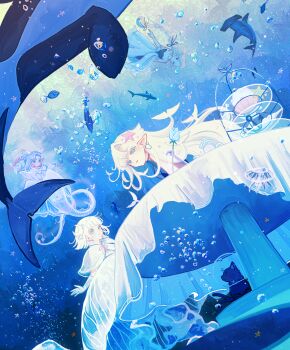 absurdres air_bubble blue_flower blue_rose blue_theme bubble butterflyfish clam clam_shell commentary commentary_request diving_helmet fins fish flippers flower grey_hair helmet highres ivelovedsekaowa jellyfish mermaid monster_girl multiple_girls multiple_tails nekomata original rose scales school_of_fish sea_turtle seashell shell submerged table tablecloth tail turtle two_tails underwater white_hair