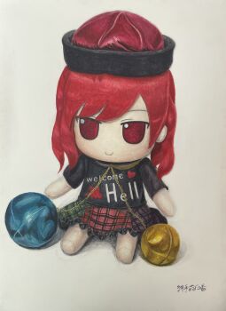 absurdres clothes_writing commentary_request doll full_body fumo_(doll) greyscale hecatia_lapislazuli highres medium_hair monochrome object_focus painting_(medium) pandemonicka photorealistic realistic red_eyes red_hair shirt skirt still_life stuffed_toy touhou traditional_media watercolor_(medium) white_background