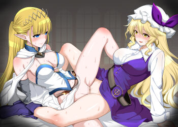 2girls absurdres belt blonde_hair blue_eyes blush boots breasts cape censored cleavage closed_mouth clothed_sex commentary_request commission crossover doriane_dojin dress half_updo hat hazurewaku_no_joutai_ijou_skill_de_saikyou_ni_natta_ore_ga_subete_wo_juurin_suru_made highres indoors large_breasts long_hair mob_cap mosaic_censoring multiple_girls no_panties parted_lips pixiv_commission pointy_ears purple_boots purple_dress seras_ashrain shirt skirt smile sweat touhou tribadism watatsuki_no_toyohime white_cape white_shirt white_skirt yellow_eyes yuri