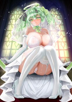 1girl absurdres collar commentary_request detached_collar dress einkk_(nikke) garter_straps goddess_of_victory:_nikke green_eyes green_hair halo high_heels highres looking_at_viewer medium_hair nerin_ekaki panties shoes smile solo thighhighs underwear veil wedding_dress white_collar white_dress white_garter_straps white_panties white_shoes white_thighhighs