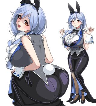 Rule 34 | 1girl, absurdres, animal ears, ass, black leotard, black shoes, black skirt, black vest, blue hair, braid, braided ponytail, breasts, center frills, closed mouth, fake animal ears, frills, highres, hololive, large breasts, leotard, long hair, looking at viewer, mature female, official alternate costume, open mouth, orange eyes, pekomama, pekomama (bunny costume), rabbit ears, rabbit girl, rabbit tail, shirt, shoes, skirt, smile, solo, tail, ushimochi, vest, virtual youtuber, white hair, white shirt, white wrist cuffs, wrist cuffs
