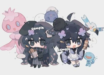 ... 2girls :3 :d apron bag baguette bai_xiong_nailaojuan beret black_eyes black_hair black_hat black_scarf black_shoes blue_kimono blush_stickers bread chibi chibi_only dango double-parted_bangs dress food frilled_apron frillish frills full_body gen_1_pokemon gen_2_pokemon gen_3_pokemon gen_5_pokemon grey_dress hair_between_eyes hat highres holding holding_bag holding_food japanese_clothes kimono long_hair long_sleeves looking_at_viewer multiple_girls nintendo oddish open_mouth original paper_bag plaid_clothes plaid_scarf pokemon pokemon_(creature) purple_socks sample_watermark scarf shoes simple_background smile socks spoken_ellipsis standing wagashi watermark white_apron white_background wide_sleeves wingull wooper
