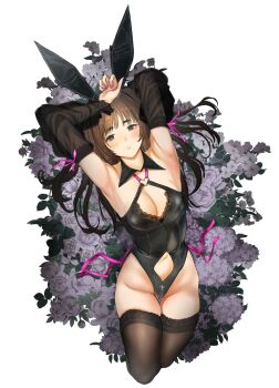 1girl :o absurdres animal_ears arm_behind_head armpit_focus armpits black_leotard black_sleeves black_thighhighs blue_eyes breasts brown_hair character_request clothing_cutout commentary_request detached_collar detached_sleeves fake_animal_ears fingernails flower flower_request heart heart_o-ring highleg highleg_leotard highres lace lace-trimmed_thighhighs lace_trim leotard light_blush long_fingernails long_hair looking_at_viewer medium_breasts mole mole_under_mouth nail_polish navel navel_cutout o-ring parted_lips pharfaite pink_nails playboy_bunny presenting_own_armpit rabbit_ears rose see-through_clothes see-through_sleeves solo thigh_gap thighhighs thighs_together tsukino_wagamo white_background white_flower