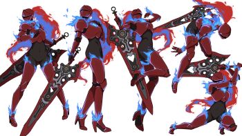 1girl absurdres alternate_costume armor armored_boots blue_fire boots breastplate commentary daydarion dynamic_pose elizabeth_rose_bloodflame english_commentary fire full_armor gloves greatsword helmet high_heels highres holding holding_sword holding_weapon hololive hololive_english huge_weapon knight multiple_views red_armor shoulder_armor simple_background sword virtual_youtuber weapon white_background